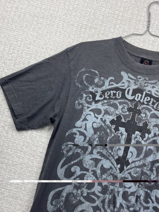 Y2K Zero Tolerance Gray T-shirt Grunge Punk Goth Affliction Style Cross Men Sz M - Picture 2 of 11